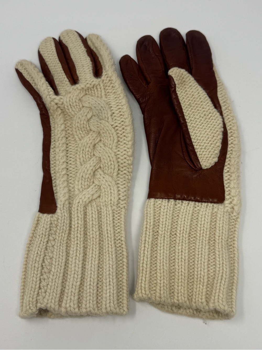 VTG 90s/Y2K Grandoe 100% Cashmere Knit Back Leather Palms Gloves Brown Cream S/M